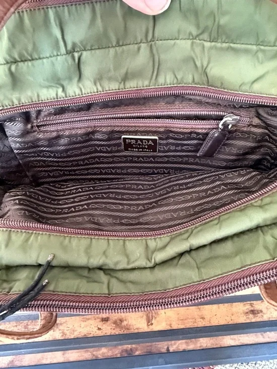Prada Olive Green Nylon Tote with Brown Leather Trim. - Picture 9 of 9